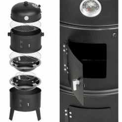 TECTAKE Barbecue 3 En 1, Grill, Fumoir, Smoker Avec Thermomètre Et Crochets Pour Fumer - Charbon De Bois Noir - Noir -France Barbecue Soldes Boutique 7513843 4