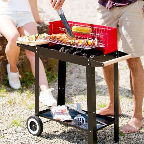 TECTAKE Barbecue Charbon De Bois Mobile + 2 Grilles Et 3 Etagères En Acier 86 Cm X 34 Cm X 80 Cm Noir Rouge - Noir/rouge 4 TECTAKE Barbecue Charbon De Bois Mobile + 2 Grilles Et 3 Etagères En Acier 86 Cm X 34 Cm X 80 Cm Noir Rouge - Noir/rouge – Image 2