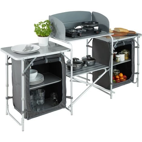 TECTAKE Cuisine D'Extèrieur, Cuisine De Camping Pliante, Meuble Camping De Rangement 164,5 Cm X 52 Cm X 104 Cm - Gris 4 TECTAKE Cuisine D'Extèrieur, Cuisine De Camping Pliante, Meuble Camping De Rangement 164,5 Cm X 52 Cm X 104 Cm - Gris – Image 2